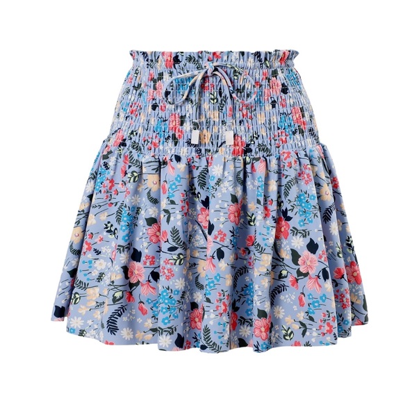 Retro Blue Floral Shirred High Waist Drawstring Beach Skirt - Picture 2 of 16